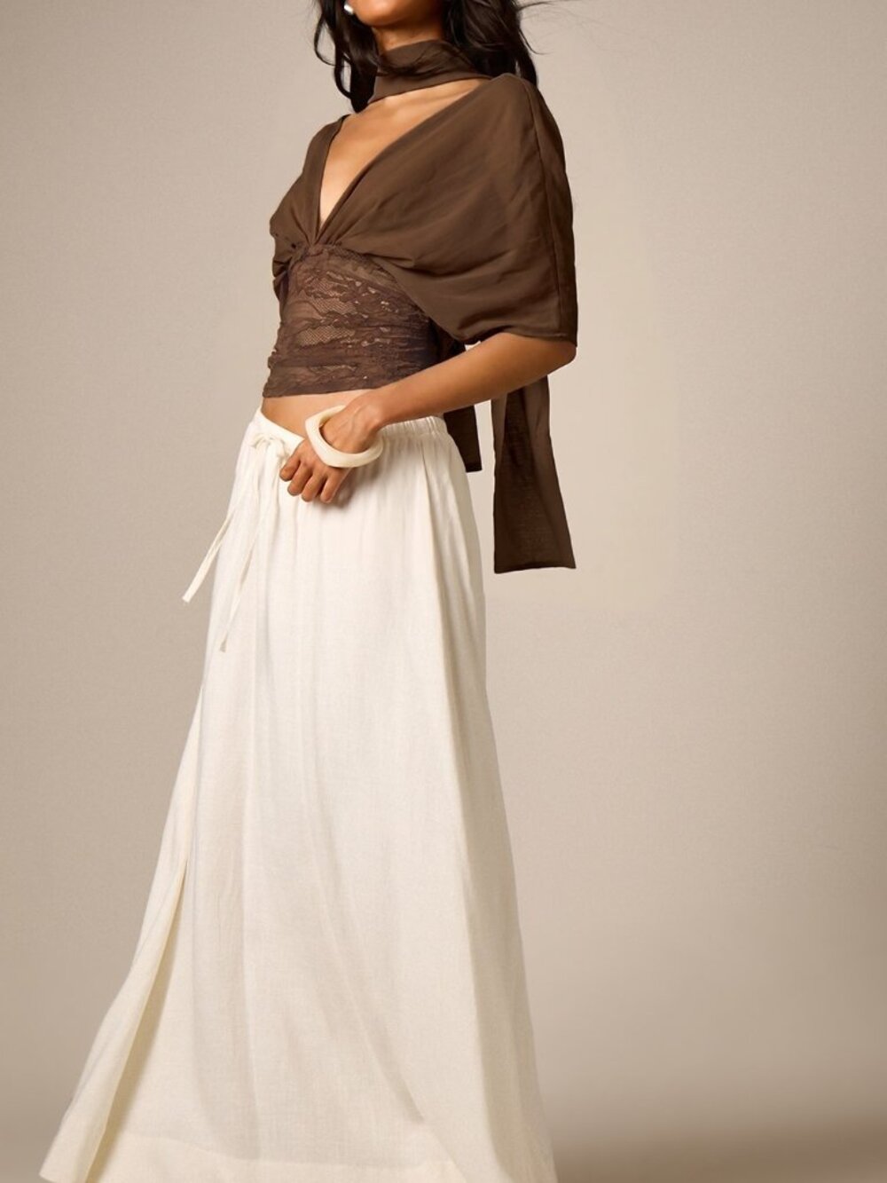 Brown Elegant Women's Deep V-Neck Lace Crop Top With Chiffon Drape Sleeves - Picture 4 of 6